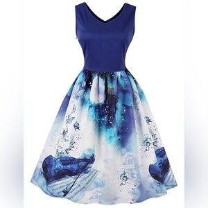 EUC Violin Music Notes Print Cocktail Party A-Line Dress with Side Zipper M